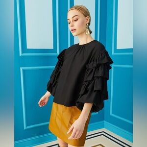 Marie Oliver Ferne Top | Black Ruffle Puff Sleeve Blouse | Silk Blend | Size S